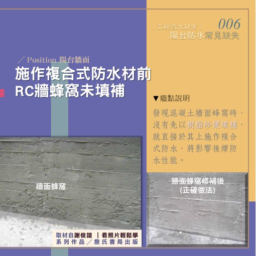 006E【謝俊誼專欄】防水工程缺失/施作複合式防水材前RC牆蜂窩未填補