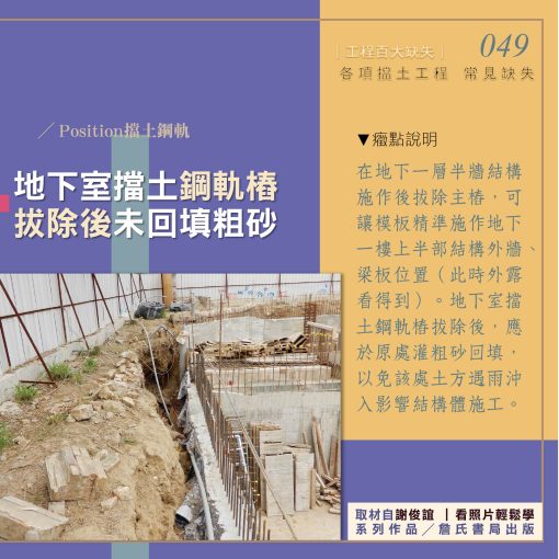 049J【謝俊誼專欄】擋土工程缺失/地下室擋土鋼軌樁拔除後未回填粗砂